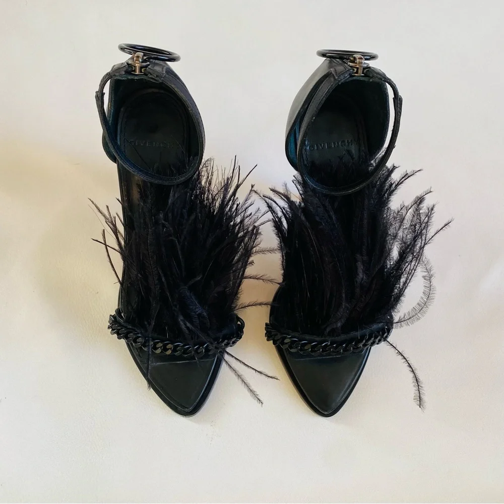 GIVENCHY Runaway Black Feathers Ankle Straps Heel sandals SZ 6/36 - Picture 5 of 13